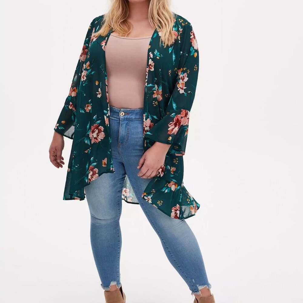 NWT Torrid Floral Sheer Chiffon Tulip Sleeve Kimono Top Ruffle-Hem Green